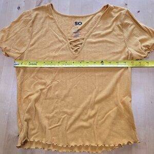 So Top Juniors Ditzy Mustard Yellow Lettuce Hem Ribbed Sz L Large Boho